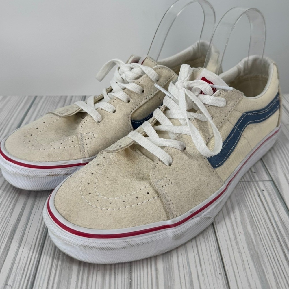 Vans Sk8-Low Reissue Cream Navy Blue Red Suede Canvas Skate Shoes Womens 10.5